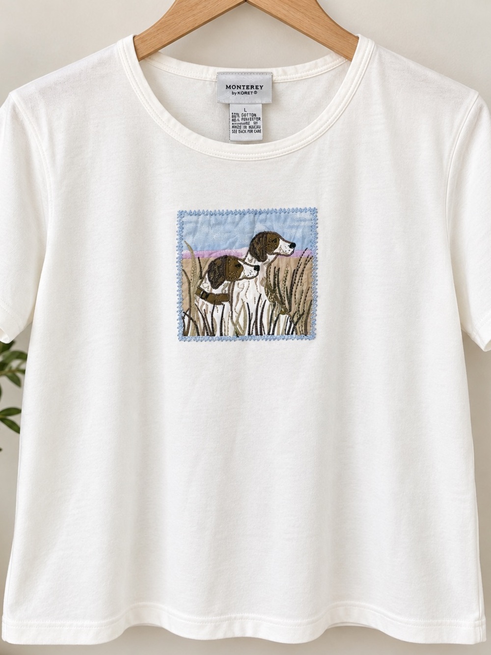 Vintage Monterey by Koret Dog Appliqué T-Shirt Women’s L Cream